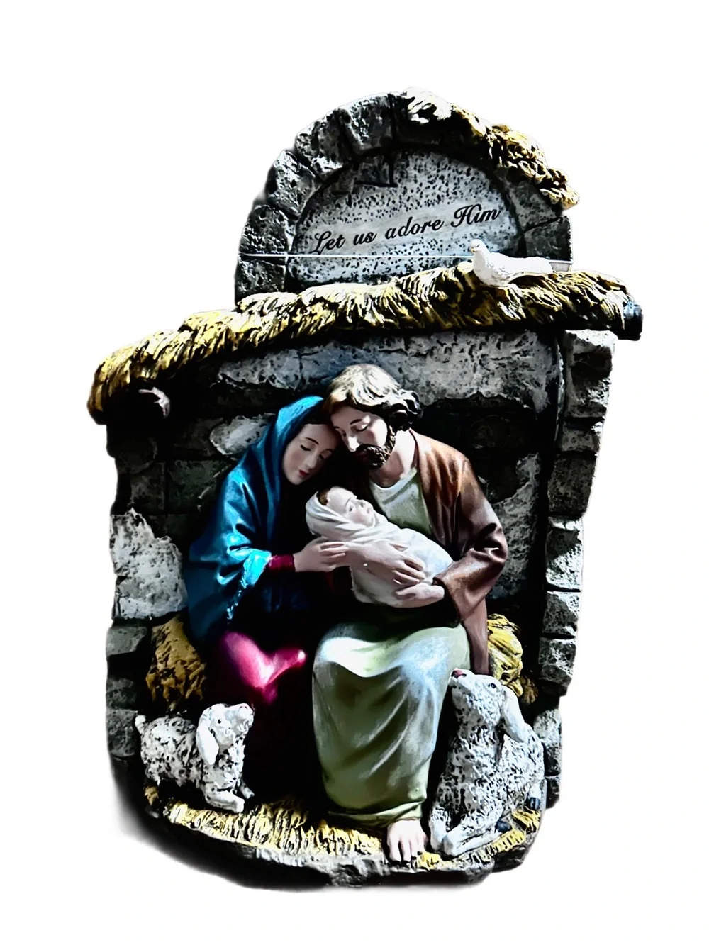 Roman ~ Mary and Joseph Holding Baby Jesus in Crèche with Lambs 10